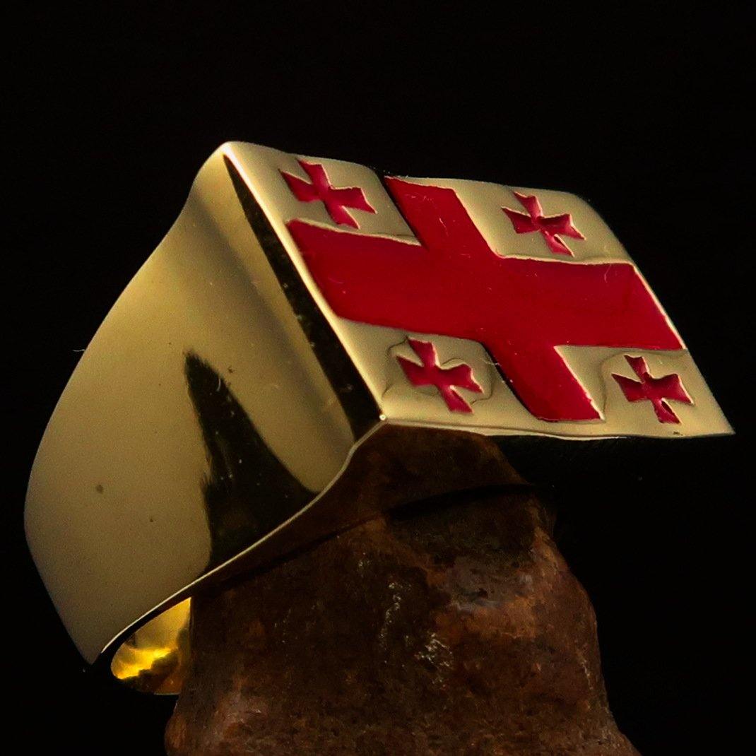 Solid Brass Men's Ring featuring the National Flag of Georgia with five crosses and red enamel finish.