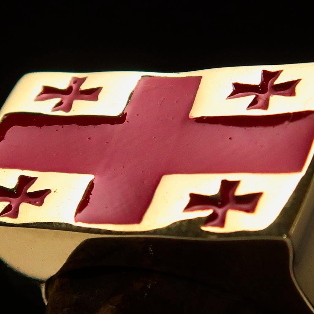 Solid Brass Men's Ring featuring the National Flag of Georgia with five crosses and red enamel finish.