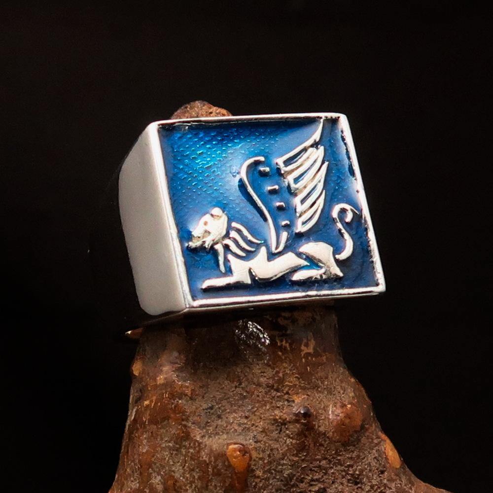Men's Sterling Silver Ring featuring a winged Lion of Venice design with blue enamel accents, showcasing intricate craftsmanship and elegance.