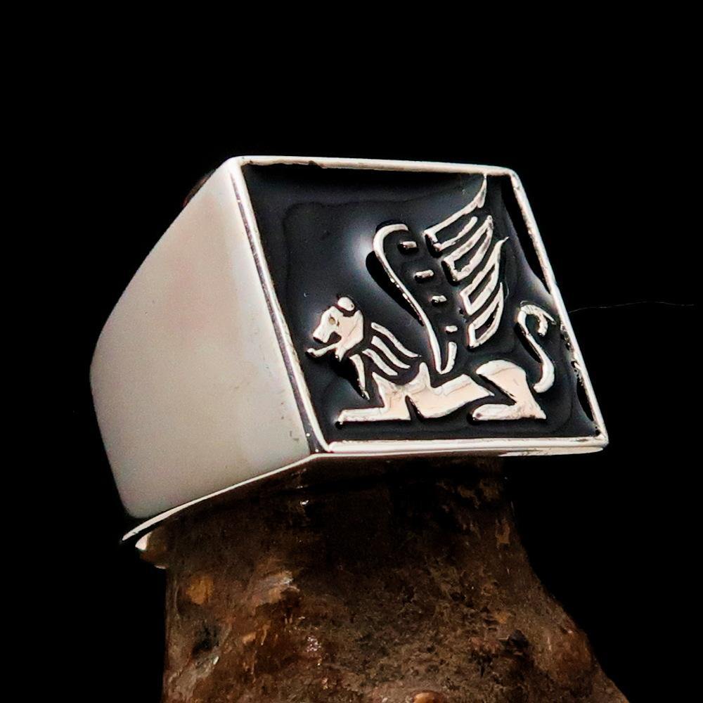 Men's Ring featuring a winged Lion of Venice design, crafted from sterling silver with a polished finish and black enamel accents.