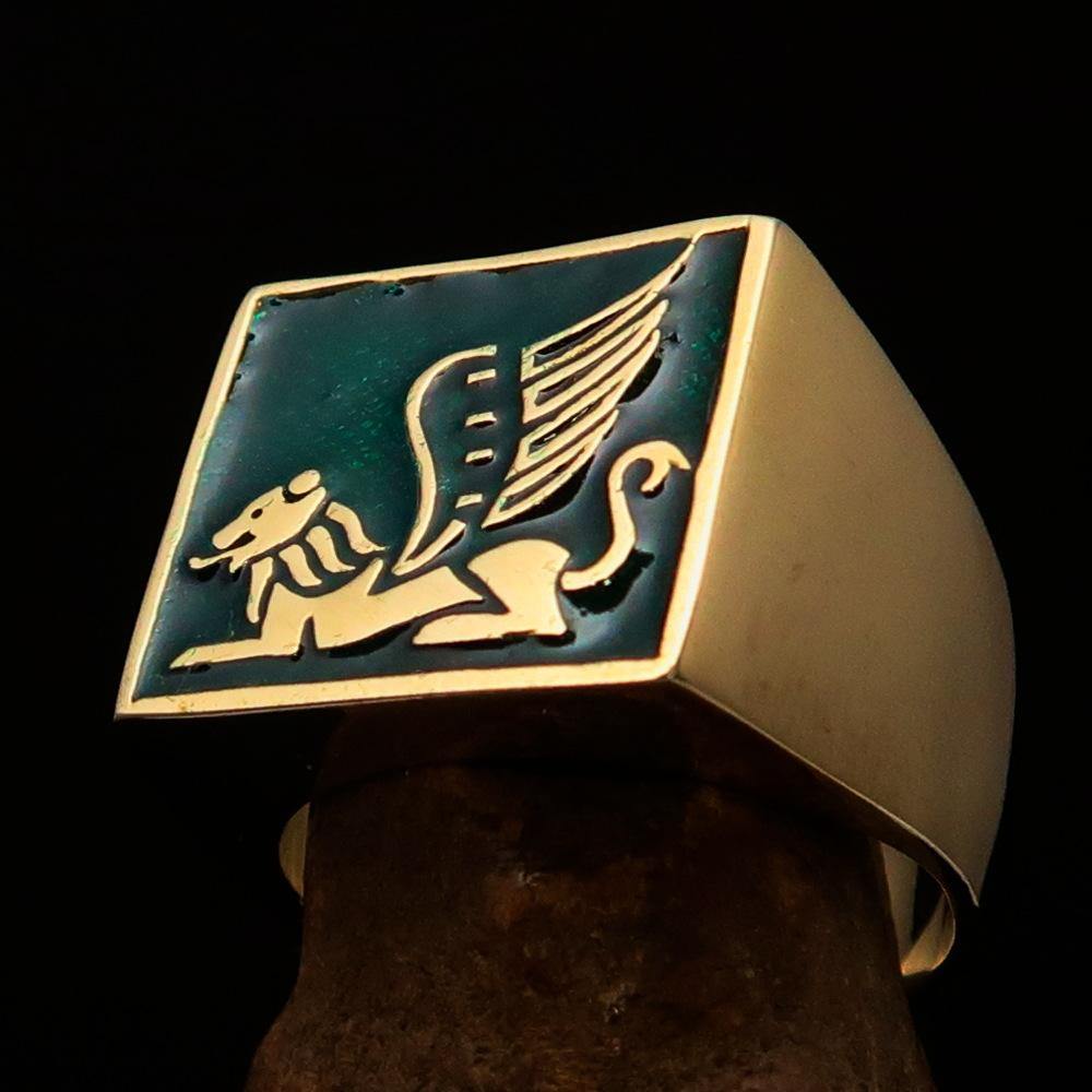 Men's Ring featuring a winged Lion of Venice design, crafted from solid brass with a high polish finish and vibrant green enamel.