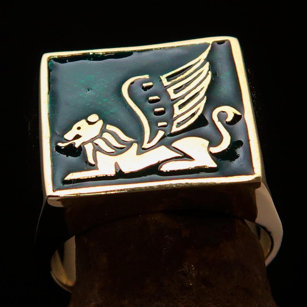 Men's Ring featuring a winged Lion of Venice design, crafted from solid brass with a high polish finish and vibrant green enamel.