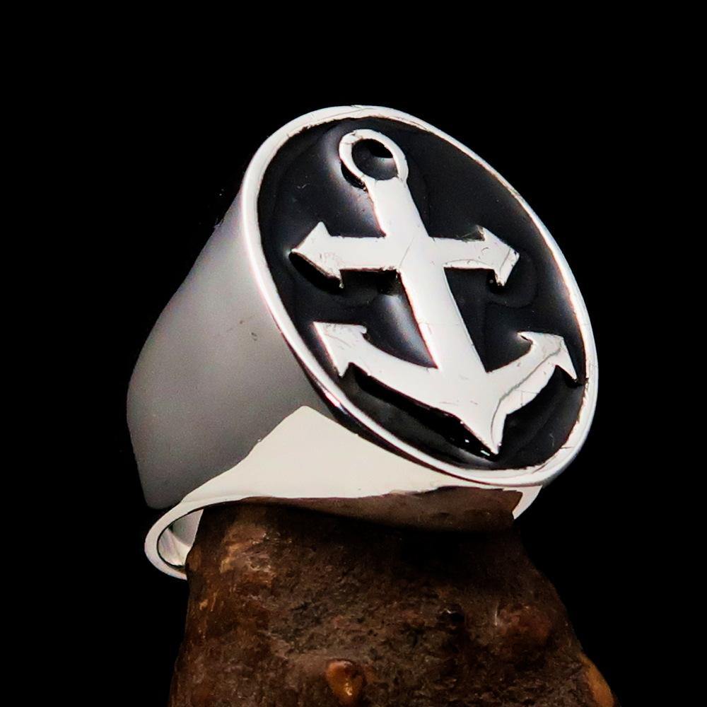 Men's Sailor Ring featuring a big anchor design, crafted from high-polished sterling silver with black enamel accents.