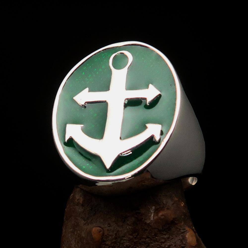 Men's Sailor Ring Big Anchor in sterling silver with green enamel, showcasing a polished finish and detailed anchor design.