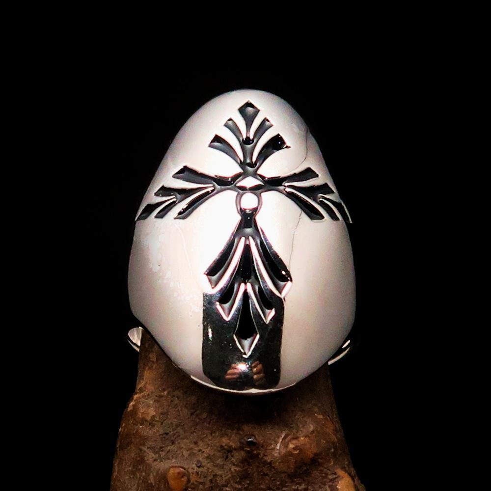 Men's Saint Lorenz Cross Ring in black enamel, crafted from solid sterling silver with a polished finish, showcasing a cross design.