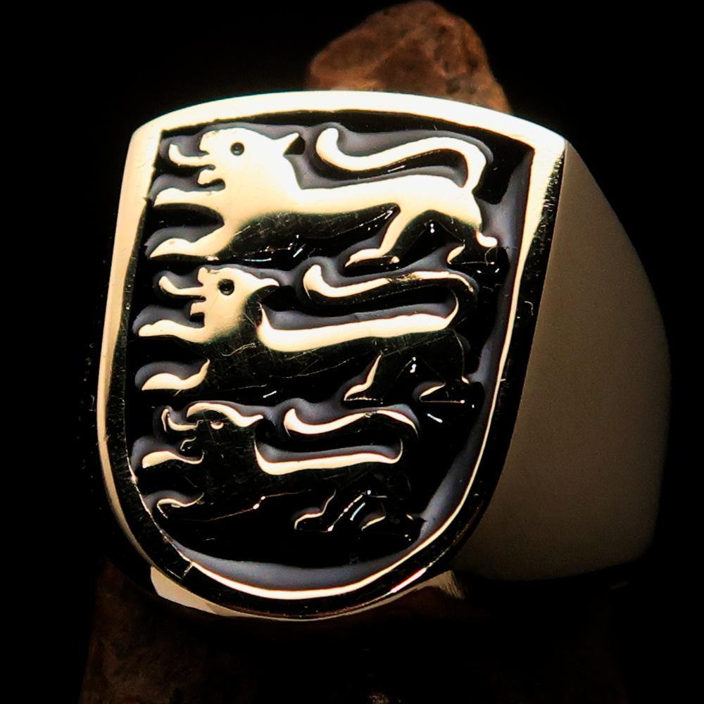 Men's Shield Ring 3 featuring a black lions coat of arms design, crafted from solid brass with a polished finish and black enamel accents.