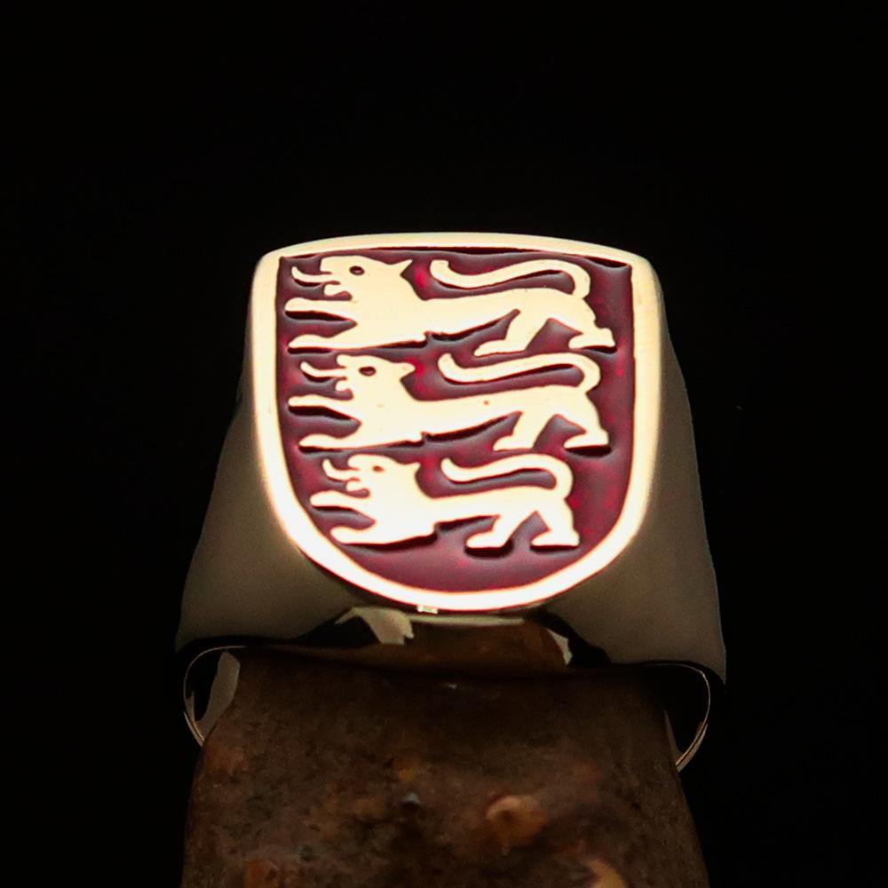 Men's Shield Ring made of solid brass featuring 3 red lions coat of arms design with high polish and red enamel accents.