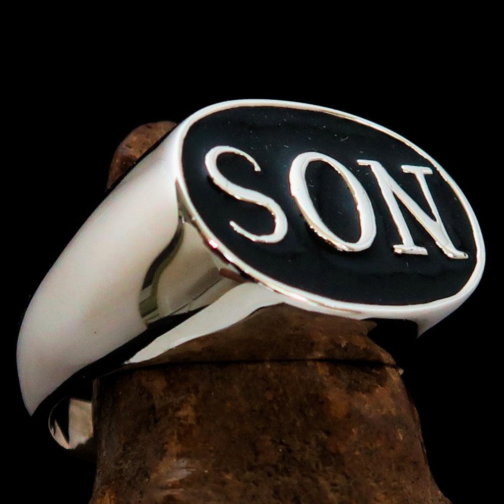 Perfectly crafted oval initial men's ring in black SON, made of solid sterling silver with high polish and enamel finish.
