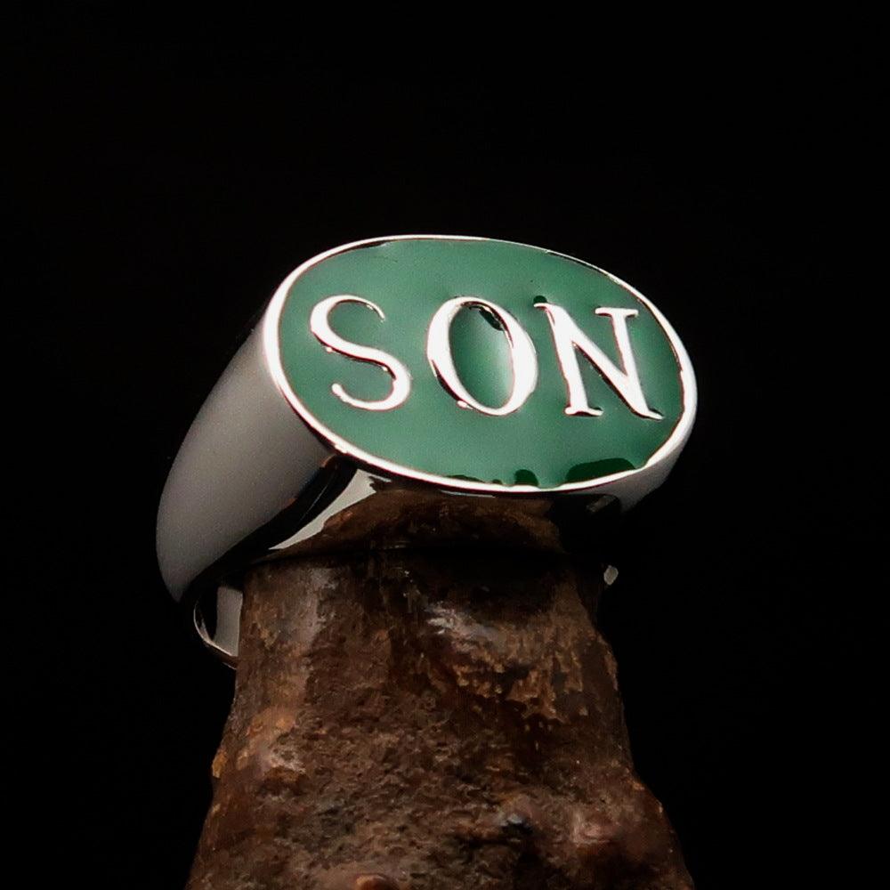 A high polished solid sterling silver men's initial ring featuring a vibrant green enamel finish, showcasing the letter SON in an elegant oval design.