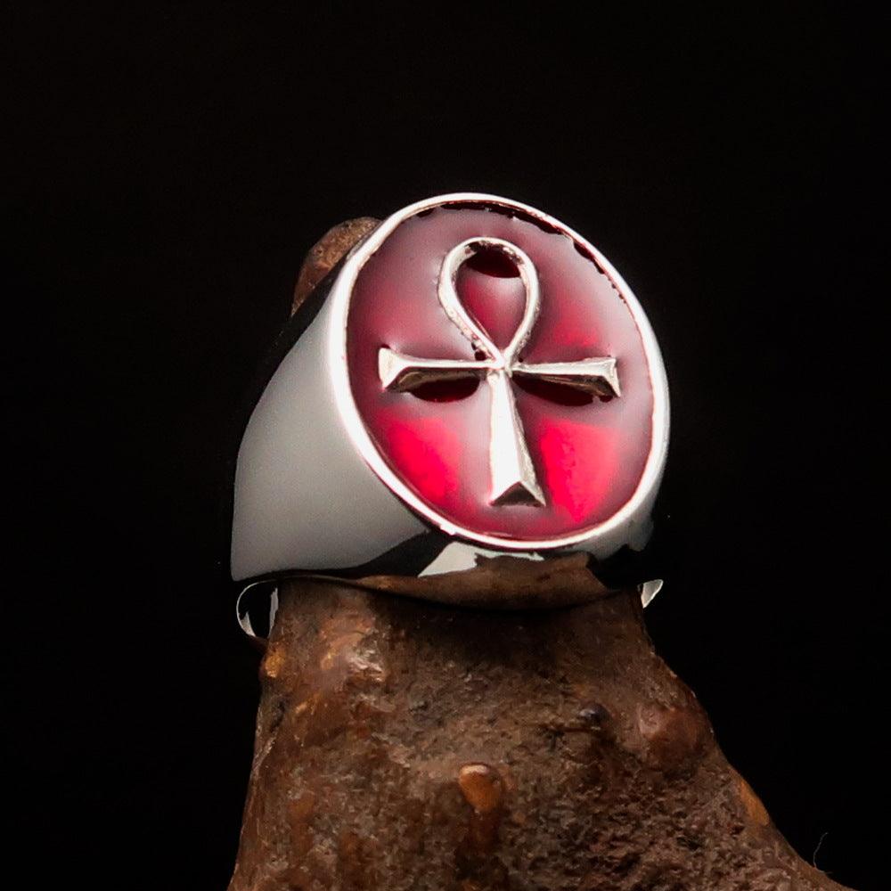 Red oval shaped Egyptian Ankh Cross Men's Ring made of high polished sterling silver with red enamel finish.
