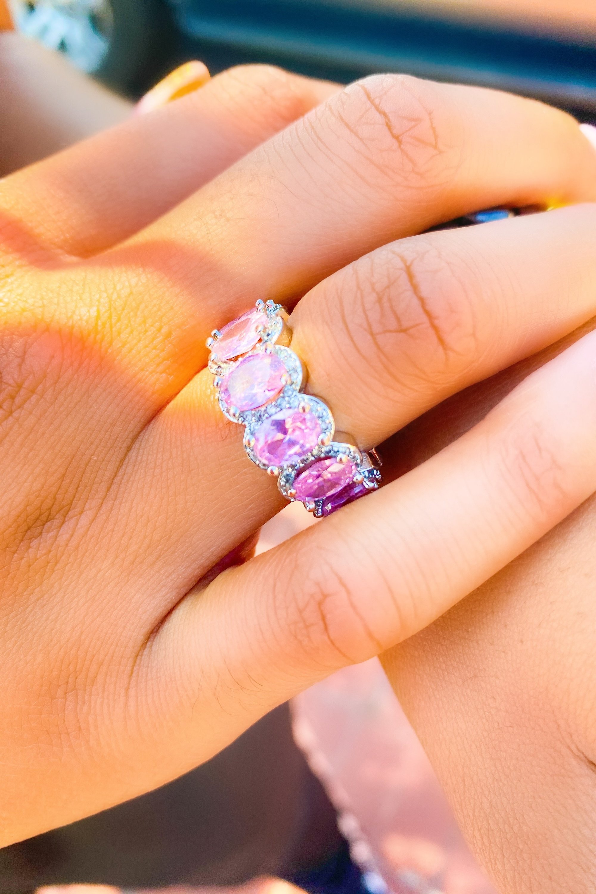 So Icy Princess Eternity Ring in high polished 14K white gold with flawless VVS simulants, available in silver and pink colors.