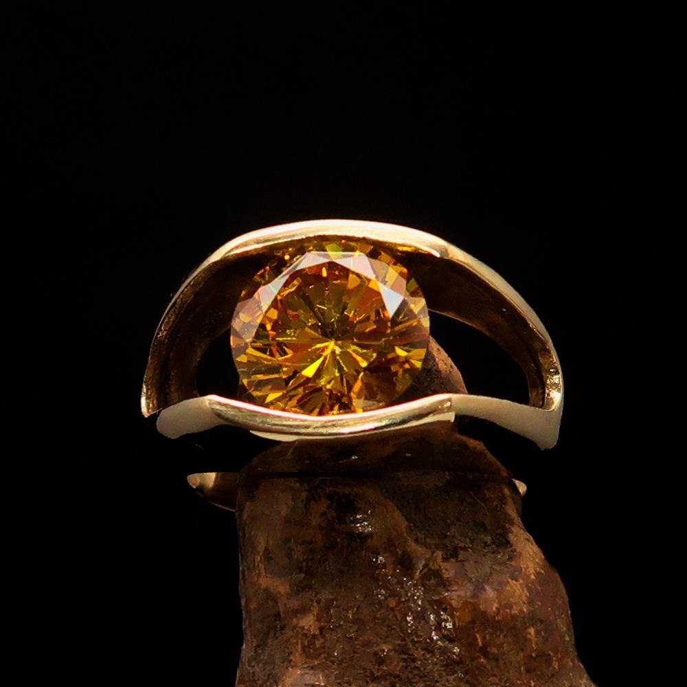 Men's Brass Solitaire Ring featuring a round yellow Cubic Zirconia stone, elegantly polished and designed for comfort.