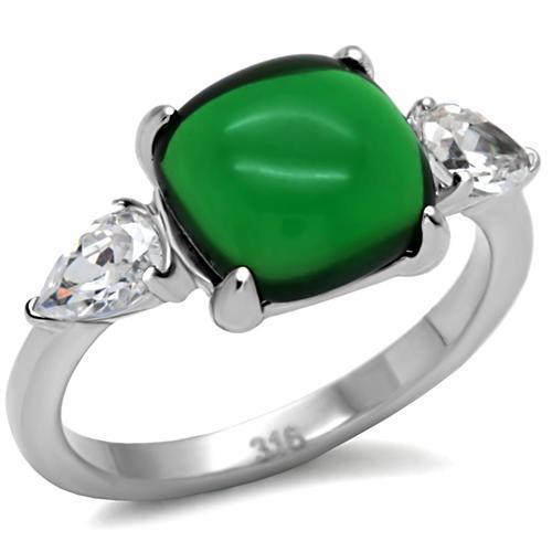 High polished stainless steel ring featuring a synthetic emerald stone, showcasing its elegant design and shine.