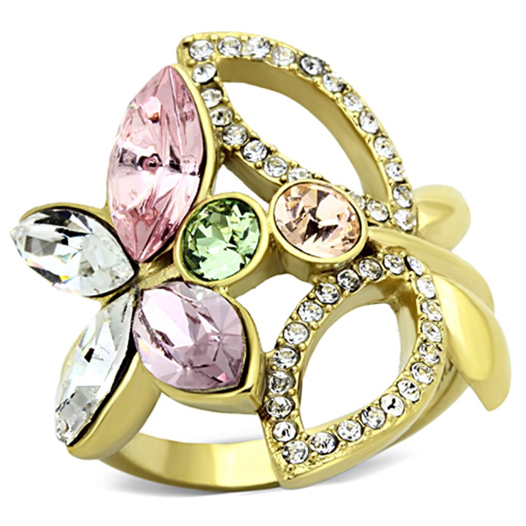 TK1100 IP Gold Stainless Steel Ring featuring multi-color crystals, showcasing its elegant design and luxurious finish.