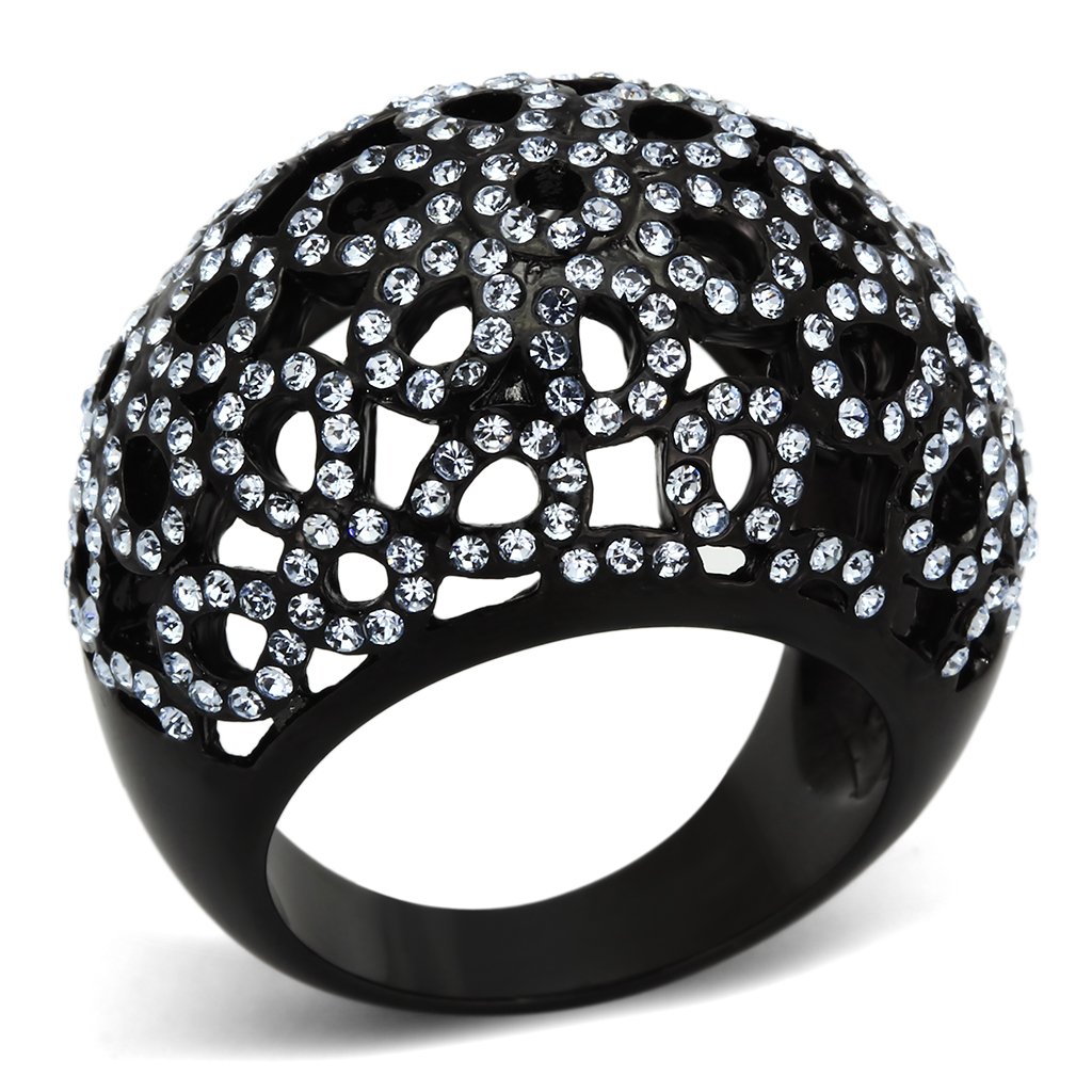 TK1003 IP Black Stainless Steel Ring with light sapphire crystals, showcasing a sleek and modern design.