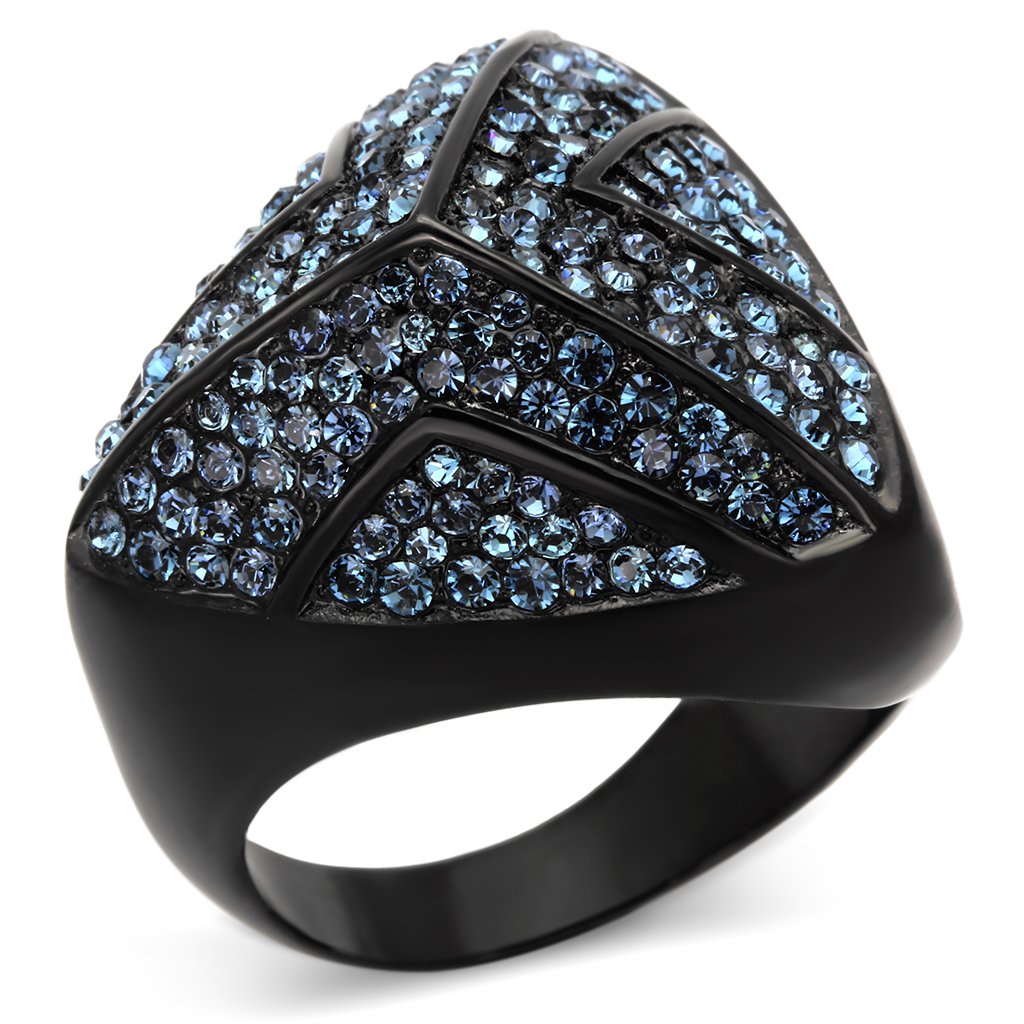 TK1005 IP Black Stainless Steel Ring with Montana crystals, showcasing a sleek design and elegant finish.