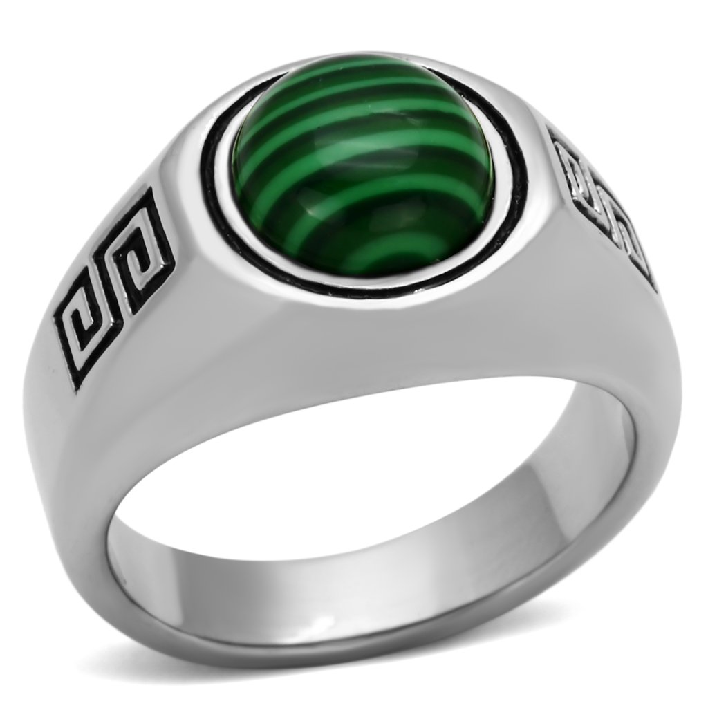TK1070 High Polished Stainless Steel Ring featuring a vibrant synthetic malachite center stone in emerald color.
