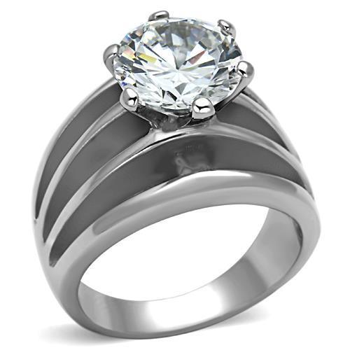 TK1084 High Polished Stainless Steel Ring featuring a clear AAA Grade CZ stone, showcasing its elegant design and shiny finish.
