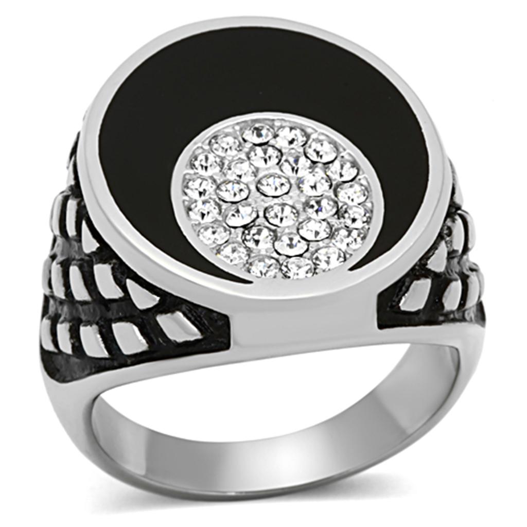 TK1200 High Polished Stainless Steel Ring with clear top-grade crystal, showcasing its elegant design and shine.