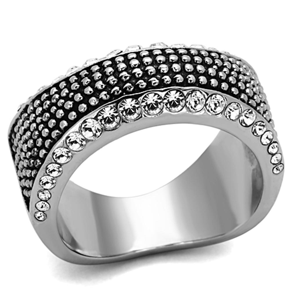 TK1216 High Polished Stainless Steel Ring with clear top-grade crystal, showcasing a sleek and modern design.