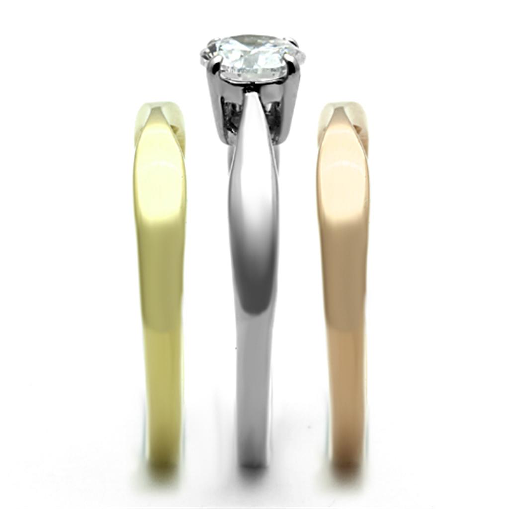 TK1278 Three Tone Stainless Steel Ring featuring IP Gold, IP Rose Gold, and a clear AAA Grade CZ stone.