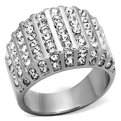 TK1447 High Polished Stainless Steel Ring featuring a clear top grade crystal centerpiece, showcasing a shiny and elegant design.