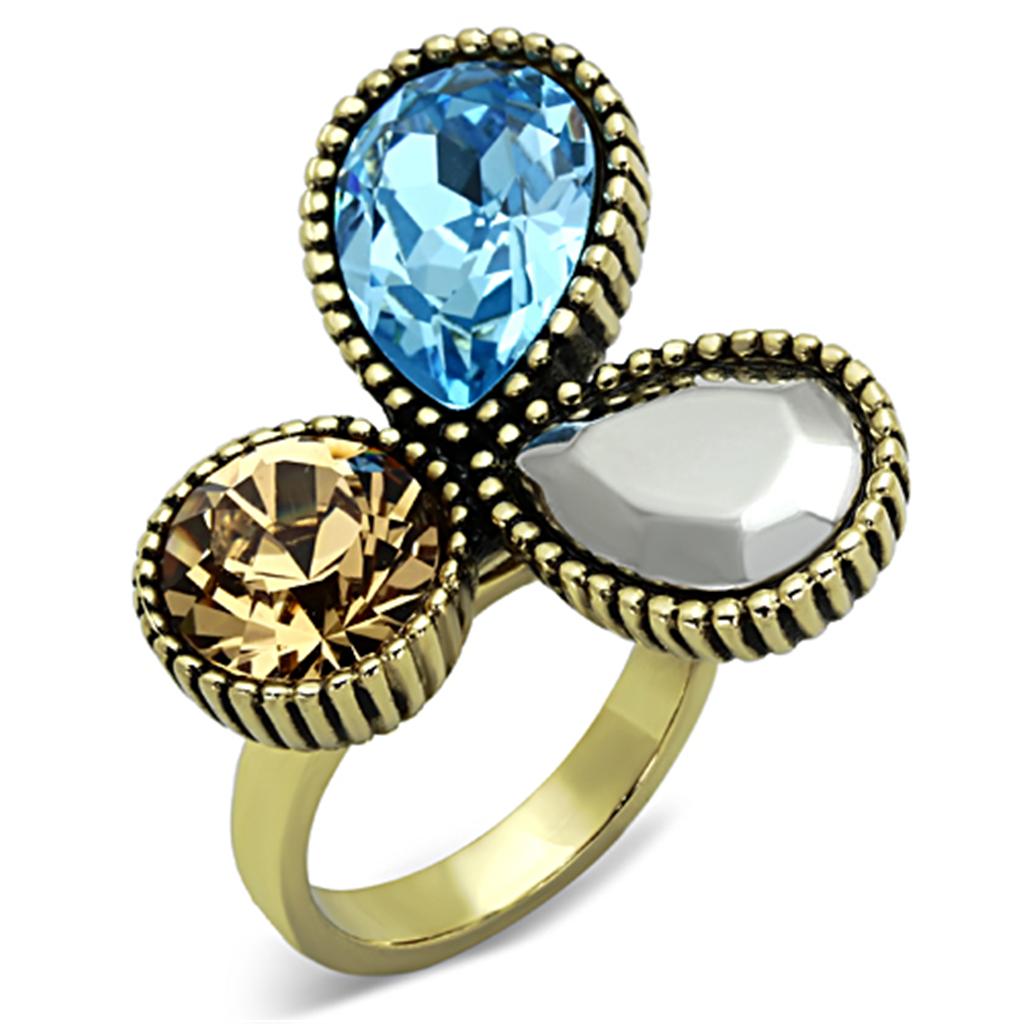 TK1496 IP Gold Stainless Steel Ring featuring multi-color pear-shaped crystals, showcasing elegance and durability.