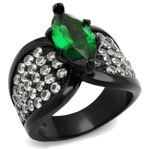 TK1548J IP Black Stainless Steel Ring featuring emerald synthetic glass stone in blinders shape.
