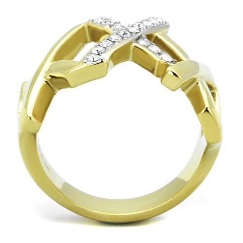 TK1560 Two-Tone IP Gold Stainless Steel Ring featuring a clear top-grade crystal, showcasing a luxurious and elegant design.