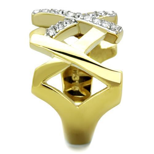 TK1560 Two-Tone IP Gold Stainless Steel Ring featuring a clear top-grade crystal, showcasing a luxurious and elegant design.