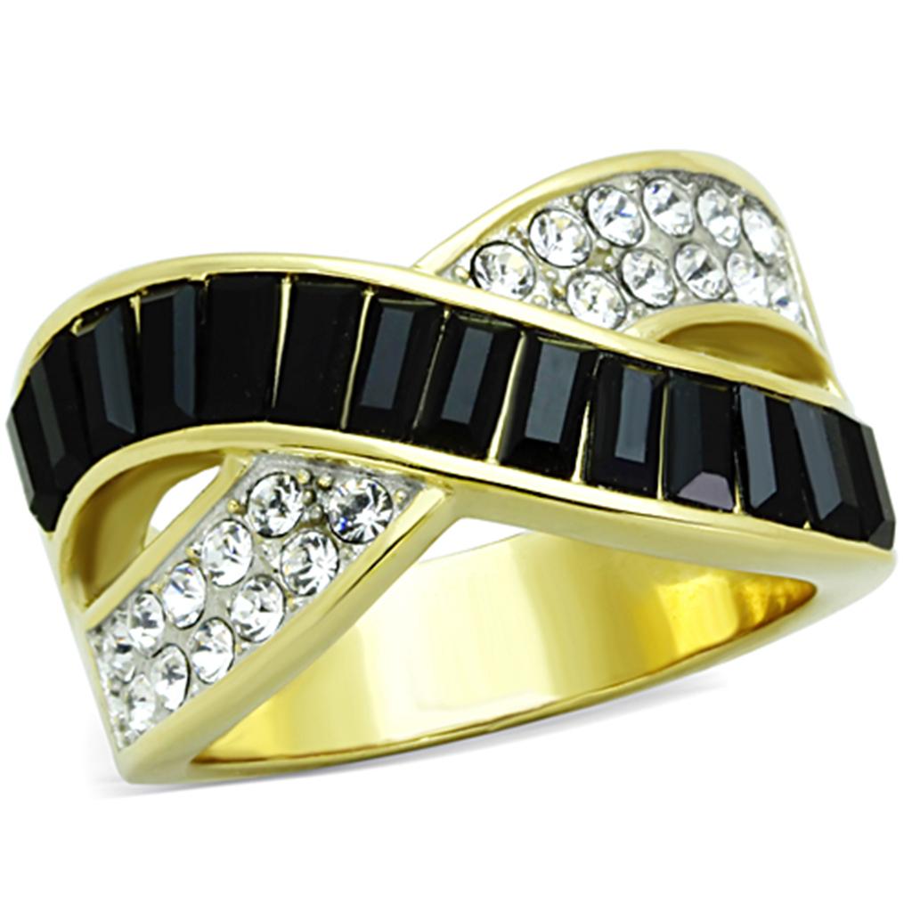 TK1577 Two-Tone IP Gold Stainless Steel Ring featuring a jet crystal center stone, showcasing a modern and elegant design.