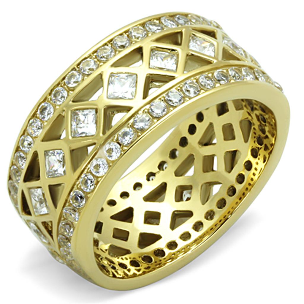 TK1558 IP Gold Stainless Steel Ring featuring a clear AAA Grade CZ stone, showcasing a luxurious and elegant design.