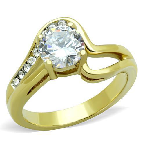 TK1702 Two-Tone IP Gold Stainless Ring featuring AAA Grade CZ stones, showcasing a luxurious design with a gold finish.