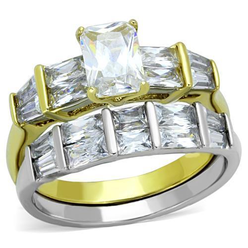 TK1708 Two-Tone IP Gold Stainless Steel Ring featuring a clear AAA grade CZ stone, showcasing a stylish and elegant design.