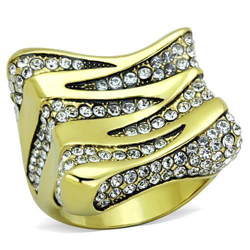TK1709 IP Gold Stainless Steel Ring with clear top-grade crystals, showcasing a luxurious design and durable materials.
