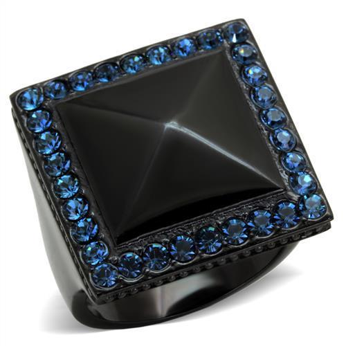 TK1841 IP Black Stainless Steel Ring with Montana crystals, showcasing a sleek design and elegant ion plating.