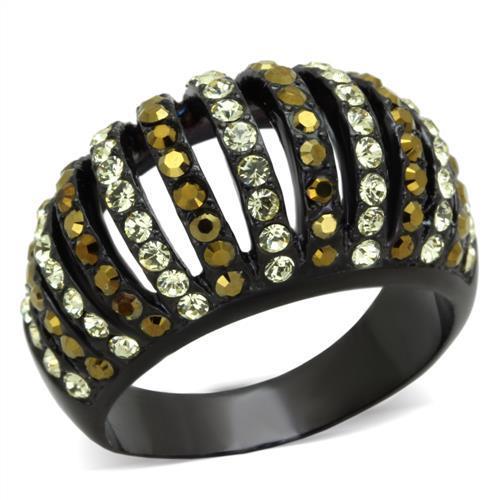TK1865 IP Black Stainless Steel Ring with multi-color top-grade crystals, showcasing a sleek and modern design.