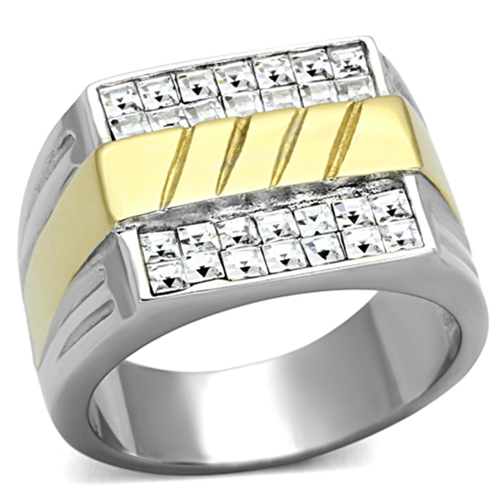 TK1193 Two-Tone IP Gold Stainless Steel Ring featuring a clear top-grade crystal centerpiece, showcasing a modern and elegant design.