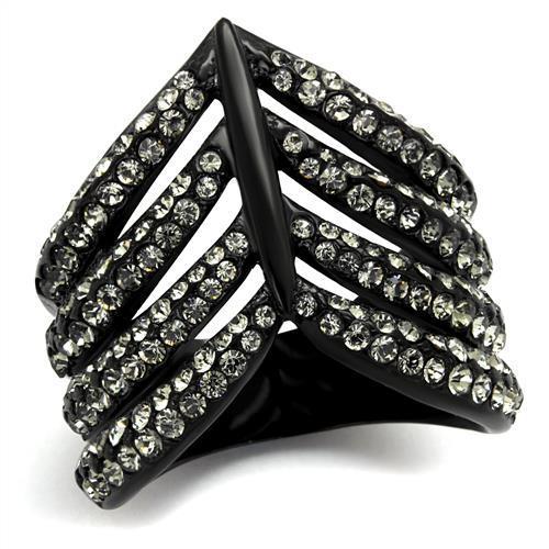 TK2097 IP Black Stainless Steel Ring with black diamond crystals, showcasing a sleek and modern design.