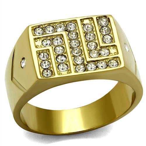 TK2311 IP Gold Stainless Steel Ring featuring a clear top-grade crystal centerpiece, showcasing a luxurious design.