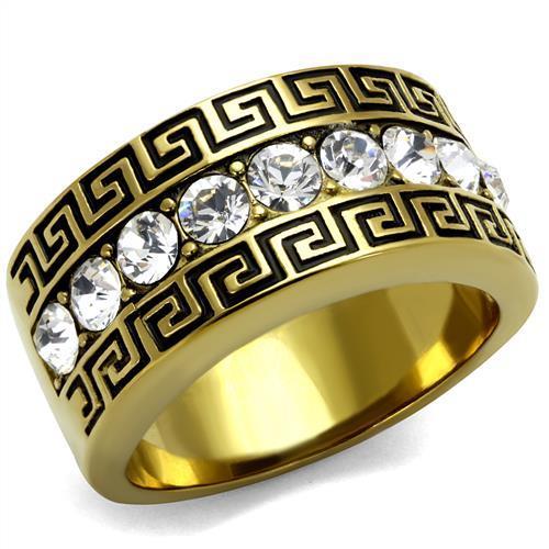 TK2310 IP Gold Stainless Steel Ring featuring a clear top-grade crystal center stone, showcasing elegance and durability.