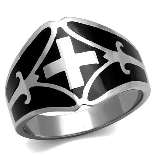 TK2314 High Polished Stainless Steel Ring with jet epoxy stone, showcasing a sleek and modern design.