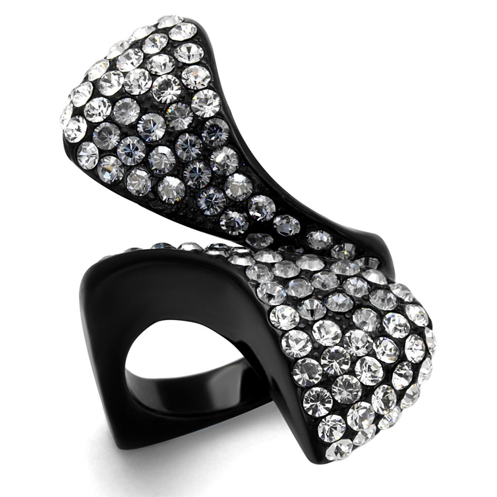 TK2360 IP Black Stainless Steel Ring with Montana crystals, showcasing a sleek design and elegant ion plating.