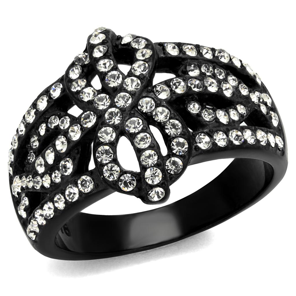 TK2363 IP Black Stainless Steel Ring with clear top-grade crystal, showcasing a sleek and modern design.
