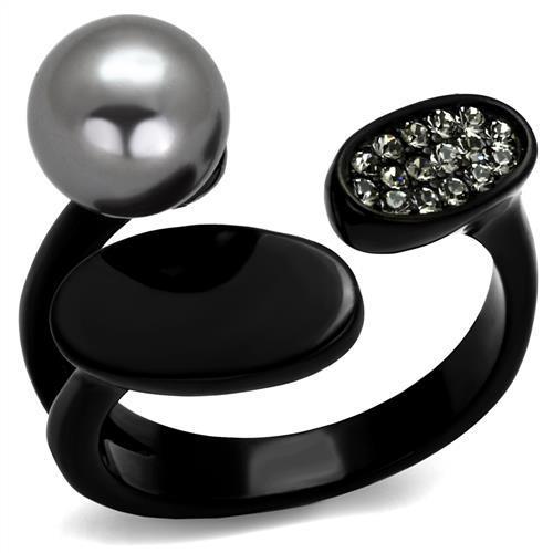 TK2493 IP Black Stainless Steel Ring featuring a synthetic gray pearl, showcasing a sleek design and modern finish.
