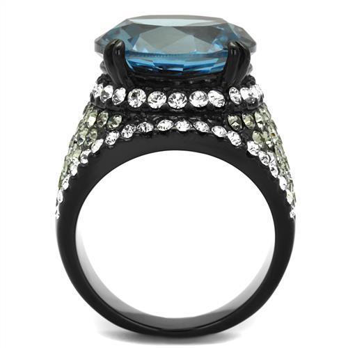 TK2555 IP Black Stainless Steel Ring featuring AAA Grade CZ in London Blue color, showcasing a modern design and elegant finish.