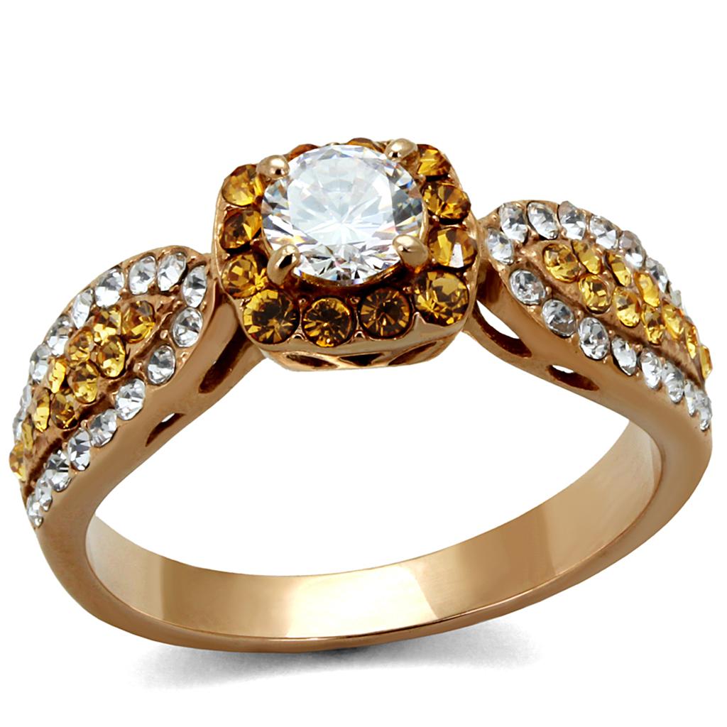 TK2250 IP Rose Gold Stainless Steel Ring featuring AAA Grade clear CZ stone, showcasing elegance and durability.