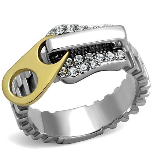 TK2520 Two-Tone IP Gold Stainless Ring featuring clear top-grade crystals and a luxurious design.