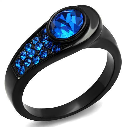 TK2279 IP Black Stainless Steel Ring featuring Capri Blue crystals, showcasing a modern design with ion plating.