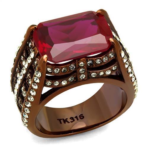 TK2779 IP Coffee light Stainless Steel Ring featuring a garnet synthetic stone, showcasing its elegant design and durable material.